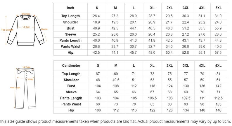 May include: Size chart showing product measurements in inches and centimeters for a sweatshirt and pants set. Measurements include top length, shoulder, bust, sleeve, pants length, waist, and hip sizes from S to 5XL.