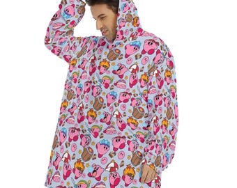 Manta con capucha de forro polar sherpa unisex con estampado de Kirby para otoño e invierno, manta cómoda y cómoda para estar en casa.