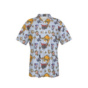 May include: Pale blue short-sleeved shirt with a repeating pattern of cartoon characters and the letter "D". The collared shirt is made of a lightweight fabric.