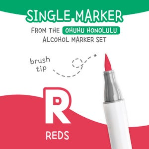 May include: A single red alcohol marker with a brush tip, part of the Ohuhu Honolulu marker set. The marker has a white barrel and a gray cap. The image also features the word "REDS" and the letter "R" in white.