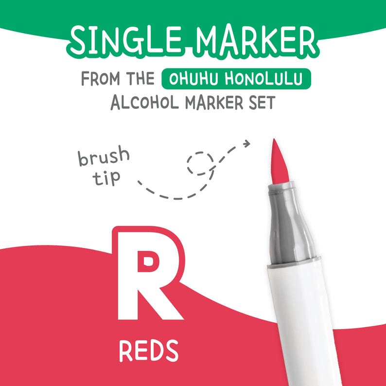 May include: A single red alcohol marker with a brush tip, part of the Ohuhu Honolulu marker set. The marker has a white barrel and a gray cap. The image also features the word "REDS" and the letter "R" in white.