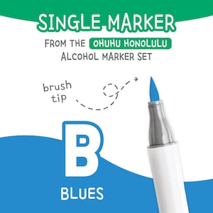 May include: A single blue alcohol marker from the Ohuhu Honolulu set. The marker has a white barrel, a gray cap, and a blue brush tip. The image includes the text "SINGLE MARKER" and "BLUES".