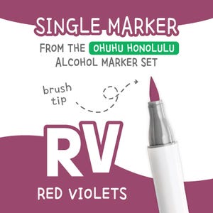 May include: A single RV Red Violets alcohol marker from the Ohuhu Honolulu set. The marker has a white barrel, a gray tip, and a brush tip. The text "SINGLE MARKER" and "RED VIOLETS" are displayed in white.