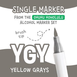 May include: A single Ohuhu Honolulu alcohol marker with a brush tip. The marker is white with a gray tip and the text "YGY YELLOW GRAYS". The image also includes the text "SINGLE MARKER FROM THE OHUHU HONOLULU ALCOHOL MARKER SET".