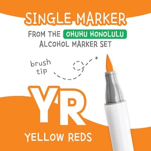 May include: Image of a single YR yellow-red alcohol marker from the Ohuhu Honolulu set. The marker has a brush tip and a white barrel with a gray cap. The text "SINGLE MARKER" and "YELLOW REDS" are displayed.