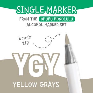 May include: A single Ohuhu Honolulu alcohol marker with a brush tip. The marker is white with a gray tip and the text "YGY YELLOW GRAYS". The image also includes the text "SINGLE MARKER" and "FROM THE OHUHU HONOLULU ALCOHOL MARKER SET".