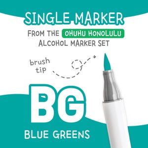 May include: A single teal alcohol marker from the Ohuhu Honolulu set. The marker has a white barrel, a gray cap, and a brush tip. The text on the image reads "SINGLE MARKER", "FROM THE OHUHU HONOLULU ALCOHOL MARKER SET", "brush tip", "BG", and "BLUE GREENS".