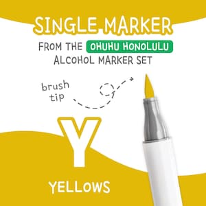 May include: A single yellow Ohuhu Honolulu alcohol marker with a brush tip. The image includes the text "SINGLE MARKER", "FROM THE OHUHU HONOLULU ALCOHOL MARKER SET", "brush tip", the letter "Y", and the word "YELLOWS".