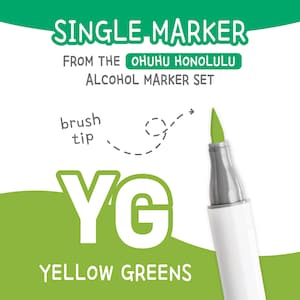 May include: A single YG Yellow Greens alcohol marker from the Ohuhu Honolulu set. The marker has a white barrel, a gray tip, and a bright green brush tip. The image includes the text "SINGLE MARKER" and "YELLOW GREENS".