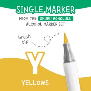 May include: A single yellow Ohuhu Honolulu alcohol marker with a brush tip. The image includes the text "SINGLE MARKER" and "YELLOWS". The marker is part of the Ohuhu Honolulu Alcohol Marker Set.