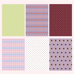 Peut inclure: Six fonds d'écran à motifs avec divers motifs. Rangée supérieure : vert clair avec de petits points, rayures bleues et rouges avec des points roses et bordeaux avec des points blancs. Rangée inférieure : cercles et rayures roses et bleus, blanc avec des points noirs et rayures violettes avec des points marron.