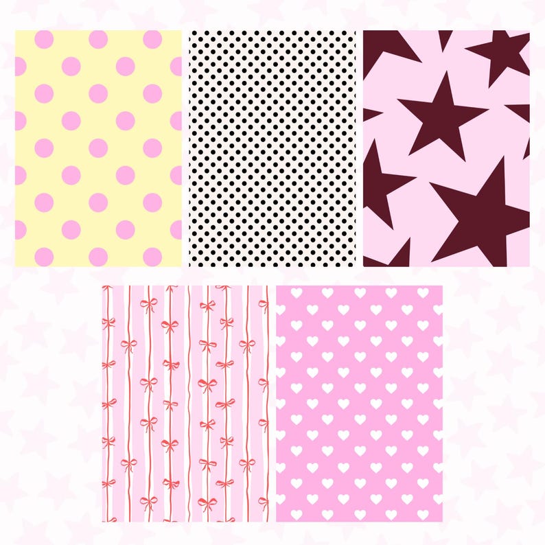 May include: A collection of five patterned designs. Includes a yellow background with pink polka dots, a black and white polka dot pattern, a pink background with dark brown stars, a pink striped pattern with bows, and a pink background with white hearts.