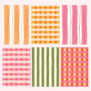 May include: A collection of six colorful patterns. The patterns include vertical stripes in orange and pink, and checkered patterns in orange and yellow, and pink and orange. The background is a light pink grid.