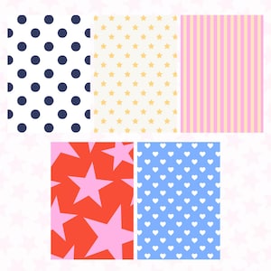 May include: A collection of six patterned designs. The patterns include navy blue polka dots on white, gold stars on cream, pink and yellow vertical stripes, pink stars on red, and white hearts on light blue.