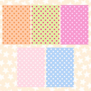 May include: Five colorful polka dot patterns. The patterns include orange with orange dots, green with pink dots, pink with pink dots, light pink with white dots, and blue with white dots. The background has a pattern of white stars.