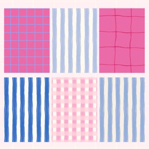 May include: A collection of six patterned designs. The patterns include pink and blue grids, blue and white stripes, and pink and white gingham. The designs are hand-drawn with a watercolor effect, perfect for stationery or fabric.