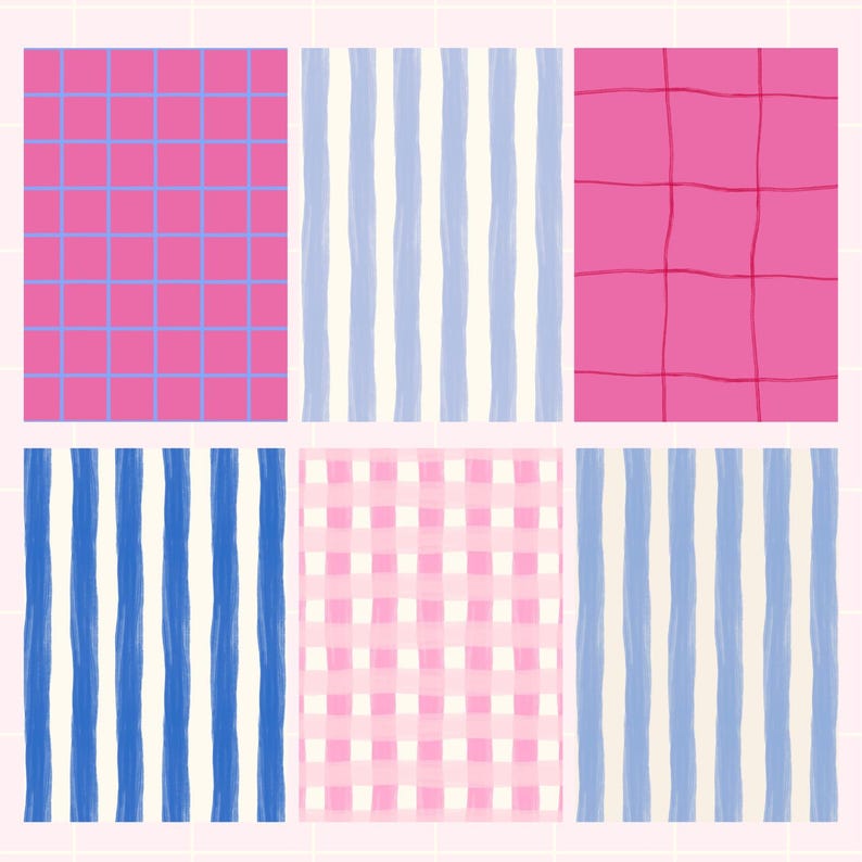 May include: A collection of six patterned designs. The patterns include pink and blue grids, blue and white stripes, and pink and white gingham. The designs are hand-drawn with a watercolor effect, perfect for stationery or fabric.