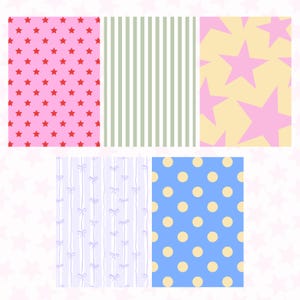 May include: A collection of six patterned fabric swatches. The patterns include pink with red stars, green and white stripes, yellow with pink stars, light blue with bows, and blue with yellow polka dots. The background is a light pink with stars.