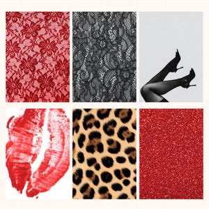 May include: A six-image collage. Top row: red floral lace, black lace, and a monochrome photo of legs in heels. Bottom row: red lipstick print, leopard print, and red glitter.
