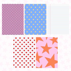 May include: A collection of patterned papers. Pink paper with black polka dots, blue paper with yellow stars, and lined paper. Also, white paper with red hearts and pink paper with orange stars.