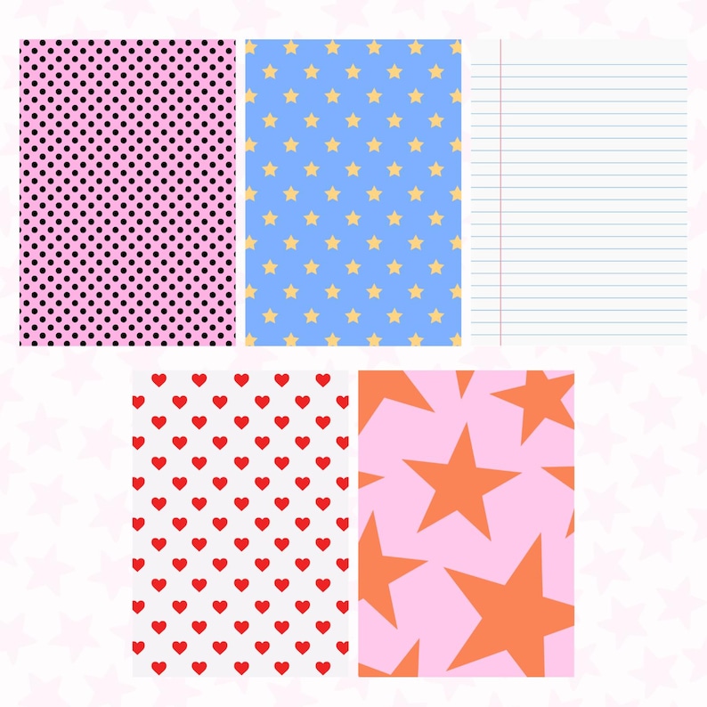 May include: A collection of patterned papers. Pink paper with black polka dots, blue paper with yellow stars, and lined paper. Also, white paper with red hearts and pink paper with orange stars.