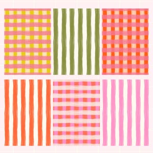 May include: A collection of six colorful patterns. The patterns include pink and yellow gingham, green and white stripes, orange and white stripes, pink and orange gingham, and pink and white stripes.