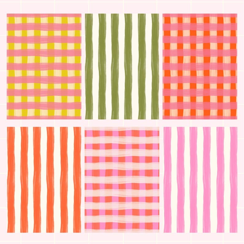 May include: A collection of six colorful patterns. The patterns include pink and yellow gingham, green and white stripes, orange and white stripes, pink and orange gingham, and pink and white stripes.