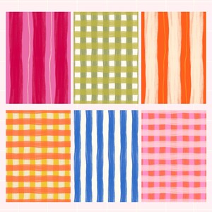 May include: A collection of six colorful abstract patterns. The patterns include vertical stripes in pink and orange, a blue and white striped pattern, and checkered patterns in orange, green, and pink. The designs are hand-painted with a watercolor effect.