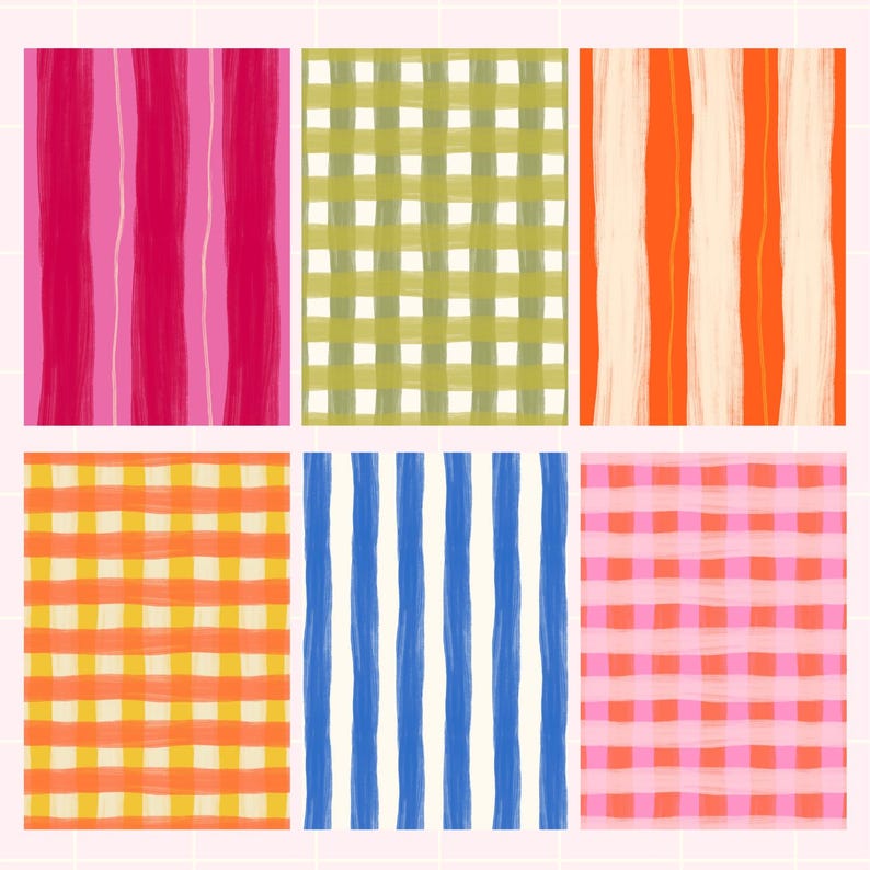 May include: A collection of six colorful abstract patterns. The patterns include vertical stripes in pink and orange, a blue and white striped pattern, and checkered patterns in orange, green, and pink. The designs are hand-painted with a watercolor effect.