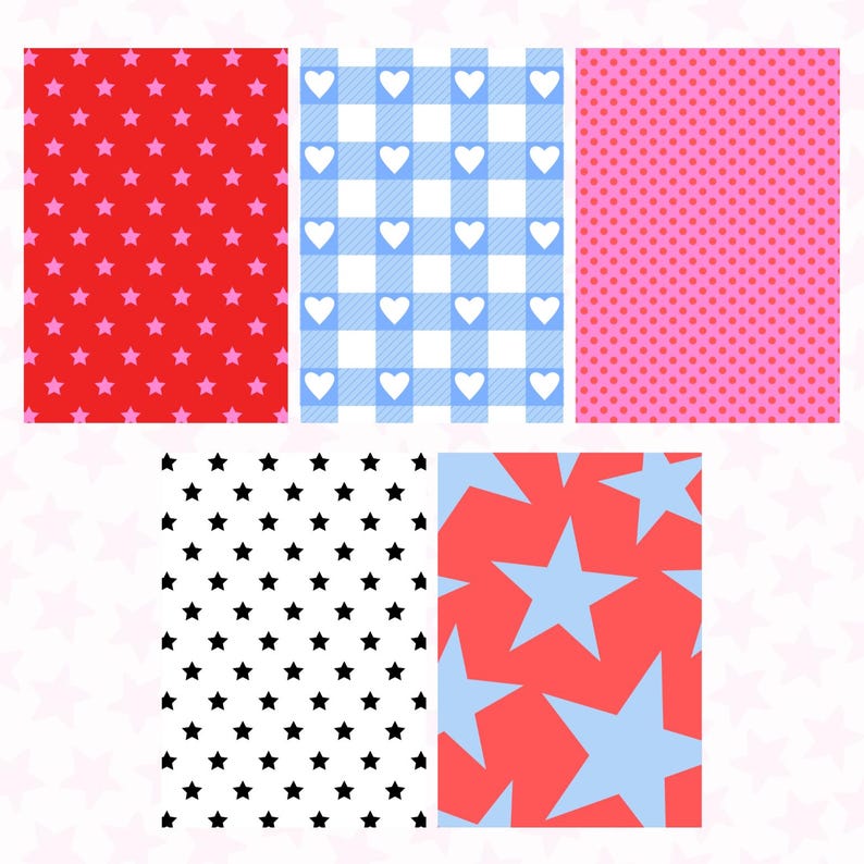 May include: Five patterned designs: red with pink stars, blue gingham with white hearts, pink with red dots, black stars on white, and red with blue stars. These patterns are suitable for various craft projects.