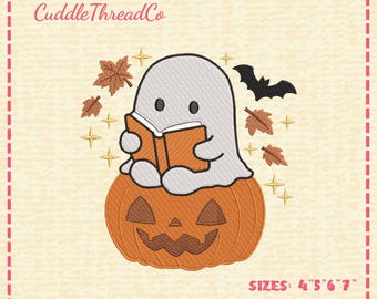 Reading Ghost Embroidery Design, Halloween Book Lover Machine Embroidery, Ghost on Pumpkin Embroidery, DST PES file for embroidery machine