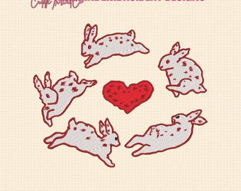 Cute Running Bunny Embroidery Design Set – Valentine Rabbits with Heart, 4x4 hoop design, DST PES file for embroidery machine