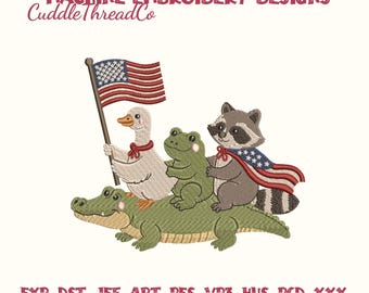 Patriottische dierenvrienden borduurwerk ontwerpen, Goose Frog wasbeer Alligator USA borduurbestand, DST PES-bestand voor borduurmachine