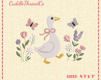 Floral Goose Embroidery Design, Cute Spring Goose with Pink Bow, 4x4 hoop design, DST PES file for embroidery machine