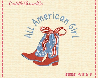 Diseño de bordado "All American Girl", archivo de bordado de botas vaqueras patrióticas, vaquera americana, archivo DST PES para máquina de bordar