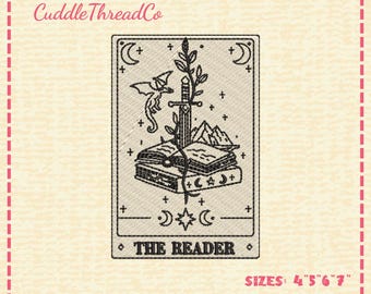 The Reader Tarot Embroidery Design, Book Lover Tarot Card Embroidery File, 4x4 hoop design, DST PES file for embroidery machine