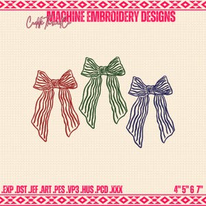May include: Three embroidered bow designs in red, green, and blue. The bows are detailed with vertical lines, and the image includes the text "MACHINE EMBROIDERY DESIGNS" and "Cuddle Thread Co.". The image dimensions are 10.16cm x 12.7cm x 15.24cm x 17.78cm.