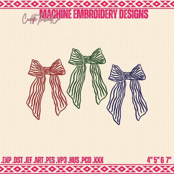 Cute colorful bow embroidery design, 4x4 hoop design, Mini embroidery, DST PES file for embroidery machine