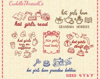 Hot Girls Embroidery Bundle, Book Lover Coffee Grandma Hobbies Machine Embroidery Designs, DST PES file for embroidery machine