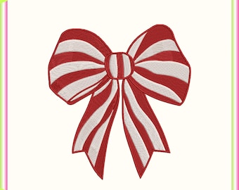 Op de afbeelding: Geborduurde rood-wit gestreepte strik met de tekst "Cuddle Thread Co." erboven. De strik meet 10, 12.7, 15.2 en 17.8 cm breed. De afbeelding bevat ook bestandstype-extensies.