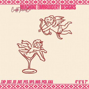 Puede incluir: Diseños de bordado a máquina con dos ilustraciones de querubines rojos. Un querubín apunta con un arco y una flecha, el otro está en una copa de martini. El texto "MACHINE EMBROIDERY DESIGNS" está en la parte superior. Mide 10,16 cm, 12,7 cm, 15,24 cm y 17,78 cm.