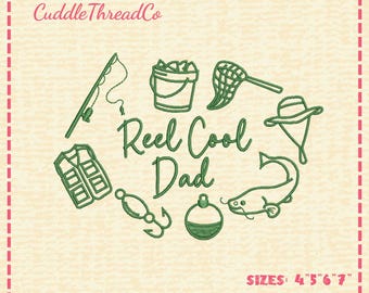 Reel Cool Dad-borduurontwerp, Fishing Dad-borduurbestand, Vaderdag machineborduurpatroon, DST PES-bestand voor borduurmachine