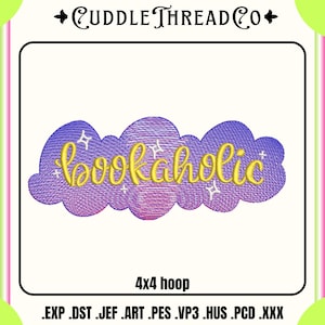 Bookaholic embroidery design, Reading Machine embroidery files, 4x4 hoop design, DST PES file for embroidery machine