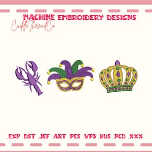 Maskinbroderidesignset för Mardi Gras, broderifil med lila kräftmaskkrona, 4x4-bågedesign, DST PES-fil för broderimaskin