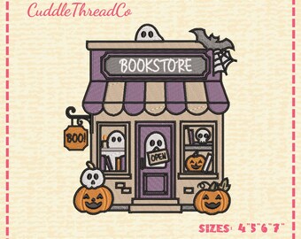 Halloween Bookstore Embroidery Design, Spooky Bookshop Embroidery File, Book Lover Machine Embroidery, DST PES file for embroidery machine