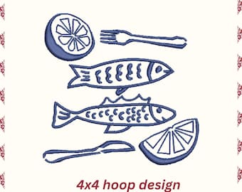 Cute Sardines embroidery design, La dolce vita embroidery, 4x4 hoop design, Mini embroidery, DST PES file for embroidery machine