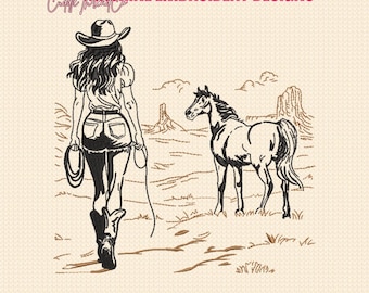 Cowgirl and Horse, Western Desert Scene Machine embroidery files, 4x4 hoop design, DST PES file for embroidery machine