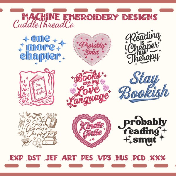 Book Quote Embroidery Bundle, Book Lover Sayings, Reading Machine embroidery files, 4x4 hoop design, DST PES file for embroidery machine