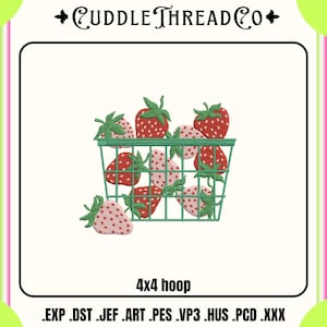 Puede incluir: Un diseño de bordado con una cesta de alambre verde llena de fresas rojas y rosas. Las fresas tienen tallos verdes y semillas blancas. El texto "Cuddle Thread Co" está en la parte superior y "4x4 hoop" en la inferior.