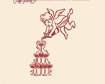 Cupid Pouring Wine Embroidery Design – Valentine Angel Line Art, 4x4 hoop design, DST PES file for embroidery machine